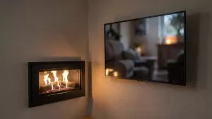 biokominek i telewizor na jednej ścianie
